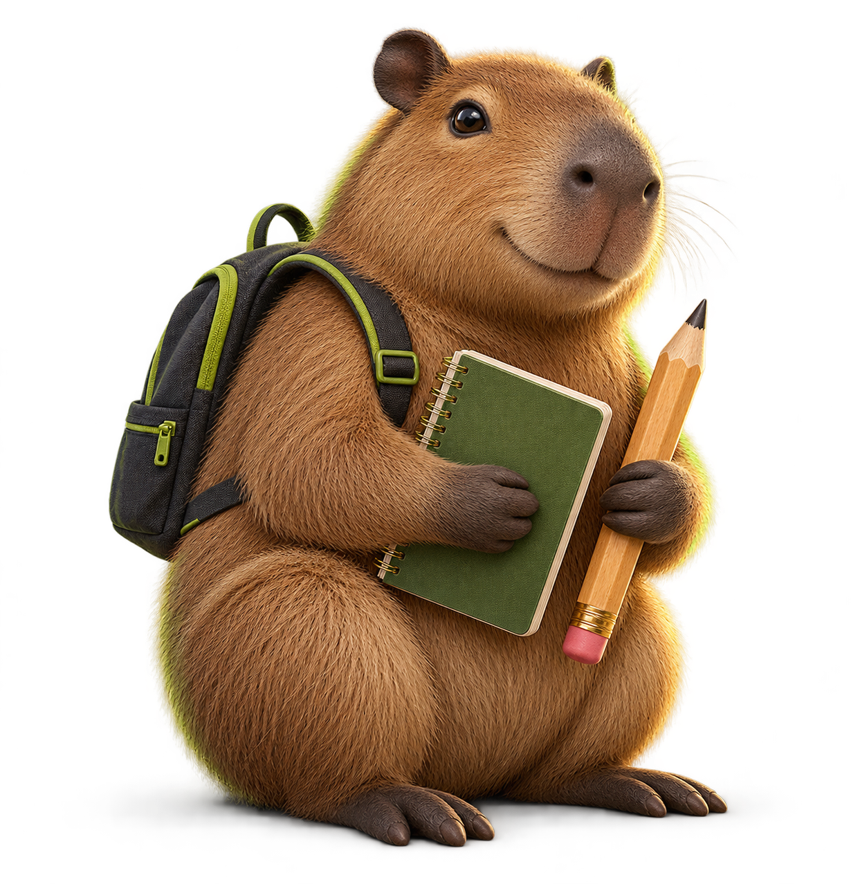 Friendly capybara with a small backpack, notebook and pencil